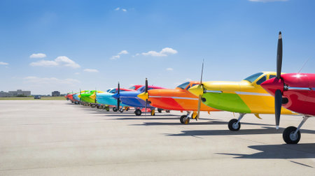 Row of colorful airplanes on the runway of the airport in sunny dayの素材