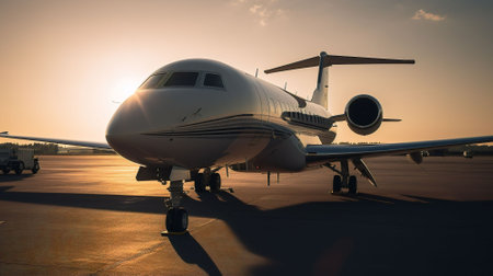 Airplane on the runway in the airport at sunset. business conceptの素材