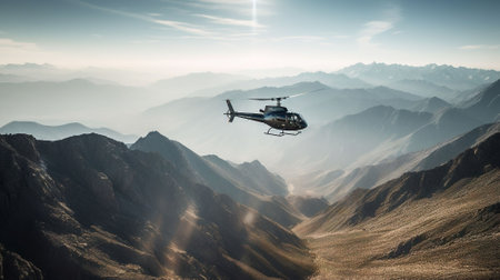 Helicopter flying over the mountains.の素材