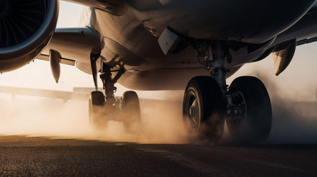 Airplane landing gear on airport runway. Airplane in motion.の素材
