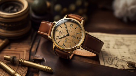 Wristwatch on a wooden table. Vintage watch with leather strapの素材