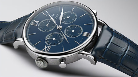 Wristwatch with blue dial and blue leather strap.の素材