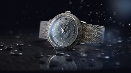 Wrist watch on a dark background with water drops.の素材