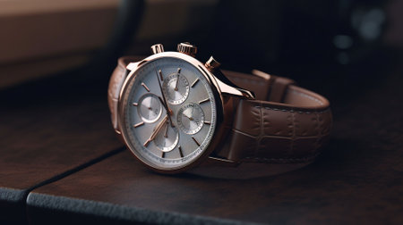 Men's wristwatch with brown leather strap, close-up.の素材