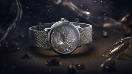 Wristwatch on a dark background with splashes of water.の素材