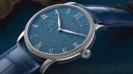 Men's wrist watch on blue background. Closeup of wristwatch.の素材