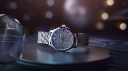 Closeup of luxury wristwatch on a dark background. Selective focus.の素材