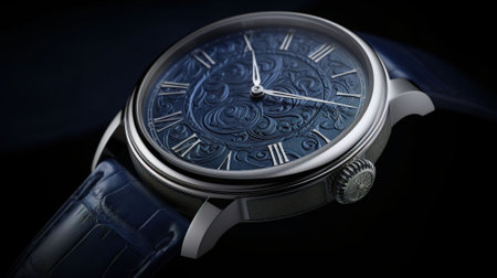 Men's wrist watch with blue dial on a black background. Close-up.の素材