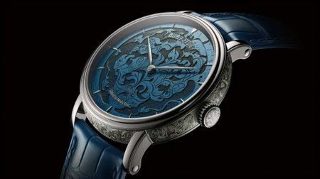 Wrist watch with blue dial on black background.の素材
