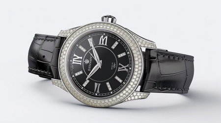 Wristwatch with black dial and white bracelet on a white backgroundの素材