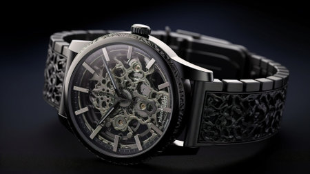 Men's wrist watch on a black background. Close up.の素材