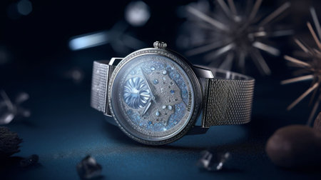Men's luxury wristwatch on a dark blue background. Selective focus.の素材