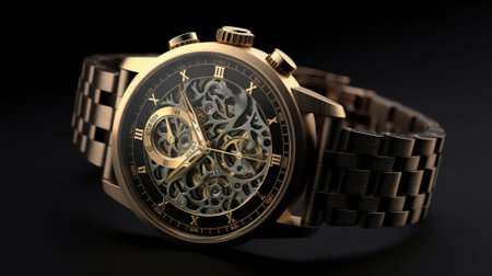 Wristwatch with gold dial on black background.の素材