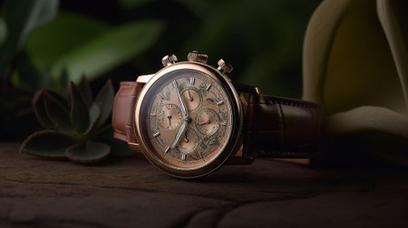 Wristwatch with brown leather strap on wooden table with green leavesの素材