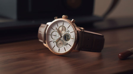 Wristwatch on a wooden table with a cigar in the backgroundの素材