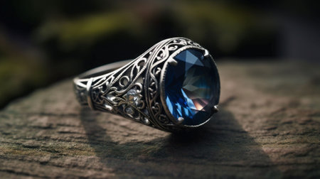 Jewelry ring with blue sapphire on wooden background.の素材