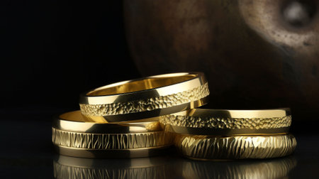 golden wedding rings isolated on a black background.の素材