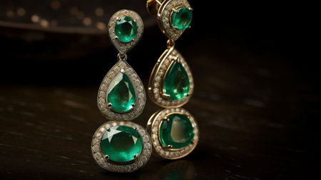 jewelry earrings with emeralds on a black backgroundの素材