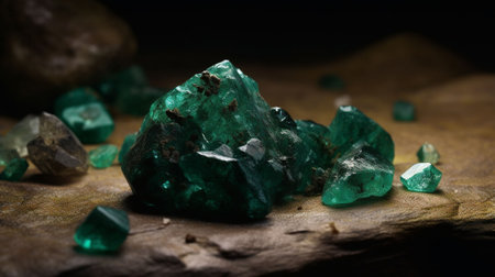 Emerald on wooden background. Macro shot with shallow depth of field.の素材