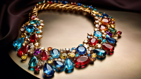 necklace with precious stones on a black background, close-upの素材