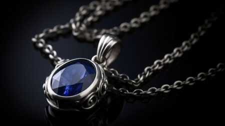 Jewelry pendant with blue gemstone on a black backgroundの素材