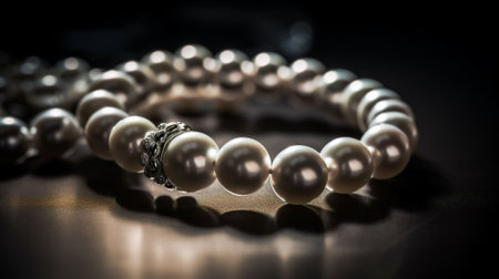 Bracelet made of white pearls on a black background.の素材