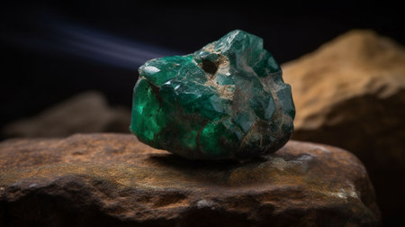 Emerald gemstone on a dark background, close-up.の素材