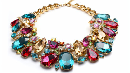necklace with precious stones on a white background close-up.の素材
