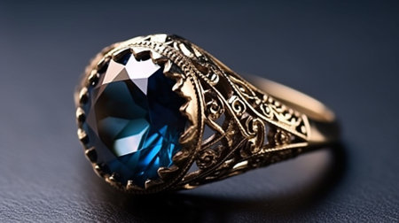 jewelry ring with blue sapphire on a dark backgroundの素材