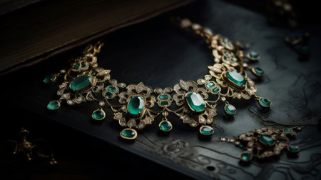 jewelry and luxury concept - close up of beautiful jewelry on dark backgroundの素材