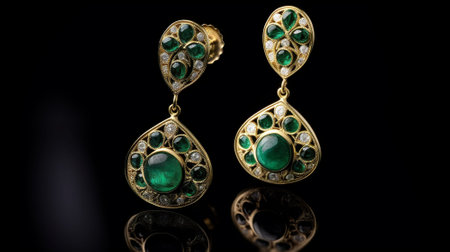 Emerald earrings on a black background. Luxury jewelry.の素材