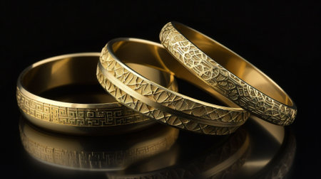 Wedding rings on a black background. 3d render.の素材