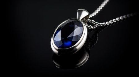 Silver pendant with blue sapphire on a black background.の素材