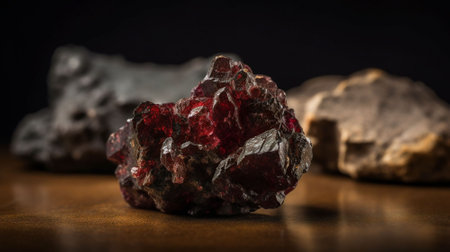 Close up of a red gemstone on a wooden table with dark backgroundの素材