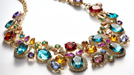 necklace with precious stones on a white background close-up.の素材