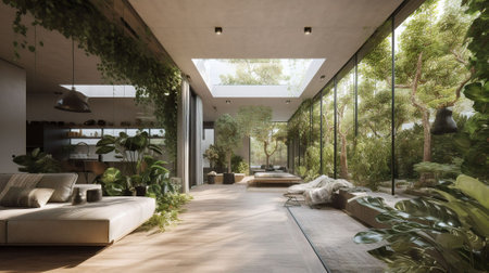 Interior of a modern living room with a view of the gardenの素材