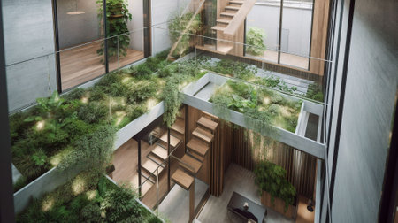 Interior of a modern office building with a lot of plants.の素材
