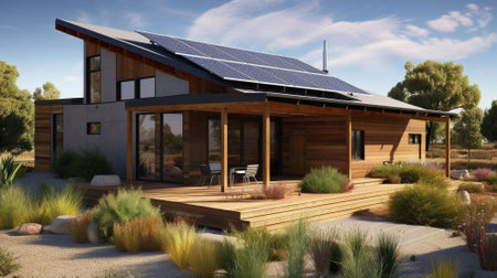 modern house with solar panels installed on the roofの素材