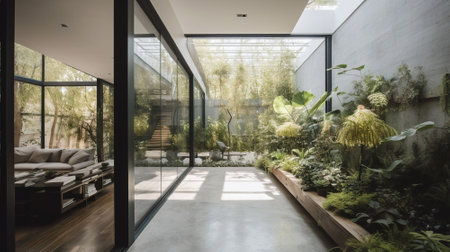 Interior of a modern living room with a view of the gardenの素材