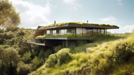 of a modern house with grass roof and blue skyの素材