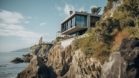 Modern house on the cliff by the ocean. Toned image.の素材