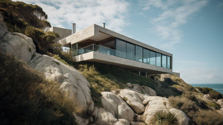 Exterior of modern house on the coast with sea in the backgroundの素材