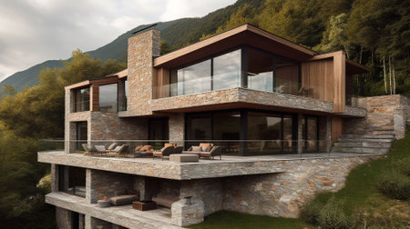 modern cozy house with pool and parking for sale or rent. Beautiful forest mountains on background.の素材