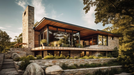Exterior of modern house with garden and lake view. Luxury villa in the countryside.の素材