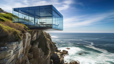 Exterior of a modern house on a cliff with ocean in the backgroundの素材
