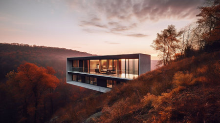 Modern house on the hill in the autumn forest.の素材