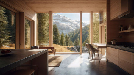 interior of modern wooden house, kitchen and dining room with mountain viewの素材