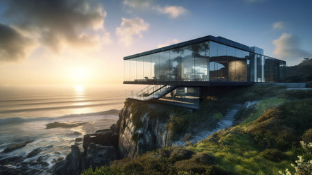modern house on the seashore at sunsetの素材