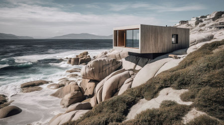 House on the rocks with sea and mountains in the background at sunset.の素材