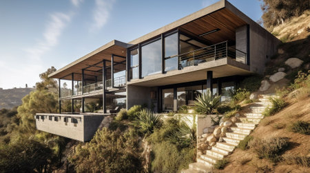 Modern house on the hill, panoramic view from the terraceの素材
